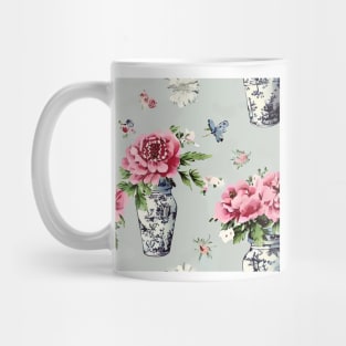 Peonies in chinoiserie jars on duck egg background Mug